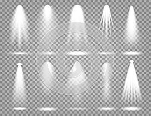 Vector spotlight set. Bright light beam. Transparent realistic effect. Stage lighting.