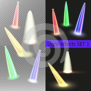 Vector Spotlights and neon Light Effects Set on transparent and black background