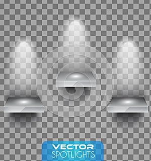 Vector Spotlights scene with different source of lights pointing to the floor or shelf.