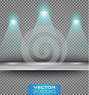 Vector Spotlights scene with different source of lights pointing to the floor or shelf