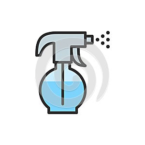Vector sprayer, sprinkler, water spray bottle flat color line icon.