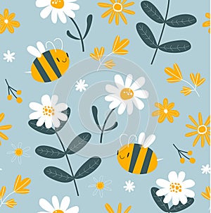 Vector spring background with bees and daisies. Floral pattern.