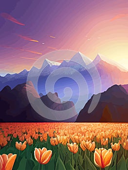 Vector spring background. Dutch landscape with tulip field, trees, hills, mountains.