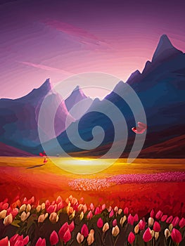 Vector spring background. Dutch landscape with tulip field, trees, hills, mountains.