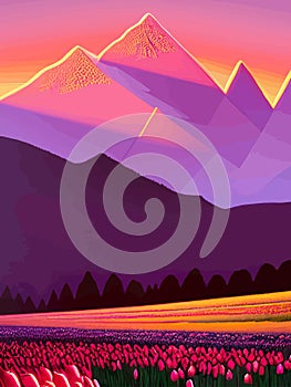 Vector spring background. Dutch landscape with tulip field, trees, hills, mountains.