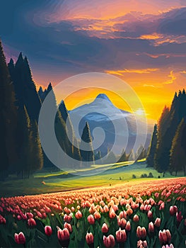 Vector spring background. Dutch landscape with tulip field, trees, hills, mountains.