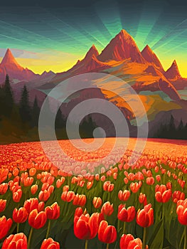 Vector spring background. Dutch landscape with tulip field, trees, hills, mountains.