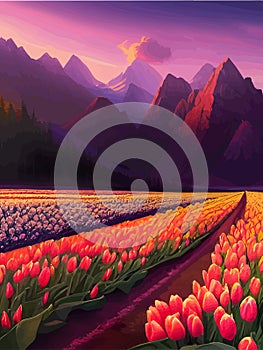 Vector spring background. Dutch landscape with tulip field, trees, hills, mountains.