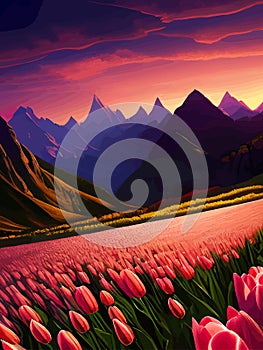 Vector spring background. Dutch landscape with tulip field, trees, hills, mountains.