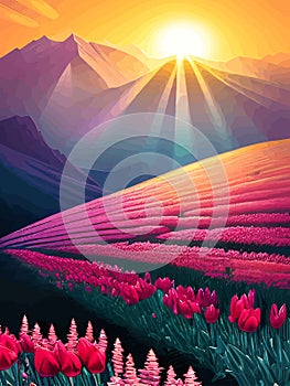 Vector spring background. Dutch landscape with tulip field, trees, hills, mountains.