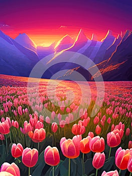 Vector spring background. Dutch landscape with tulip field, trees, hills, mountains.