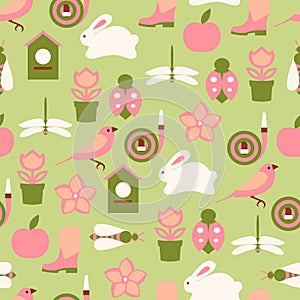 Vector spring background. Garden tools set. Seamless color pattern.