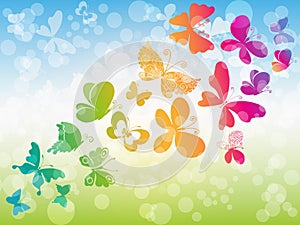 Vector spring frame with blue sky, green grass and colorful gradient butterflies