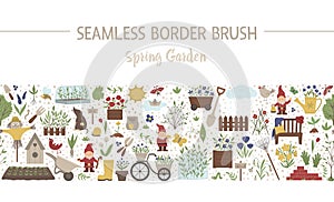 Vector spring garden seamless pattern brush. Gardening themed background. Repeating border with garden tools, flowers, plants