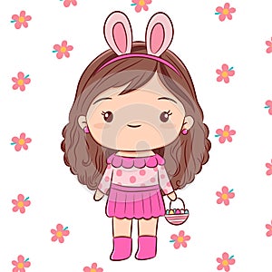 Vector spring illustration of cute girl holding easter eggs basket in flower background, Spring hand drawn sketch