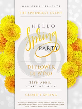 Vector spring party poster with lettering, lilac flowers and doodle branches