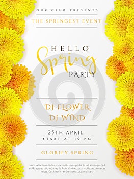 Vector spring party poster with lettering, lilac flowers and doodle branches