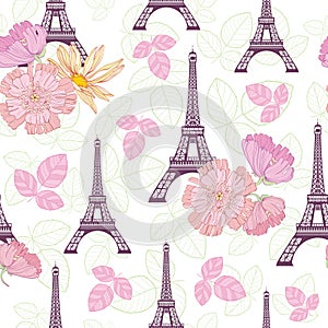 Vector Spring Purple Pink Eifel Tower Paris and Roses Flowers Seamless Repeat Pattern Surrounded By St Valentines Day