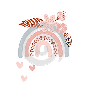 Vector spring rainbow with bouquet and rain dots in form of heart. Cartoon hand drawn scandinavian style summer flower