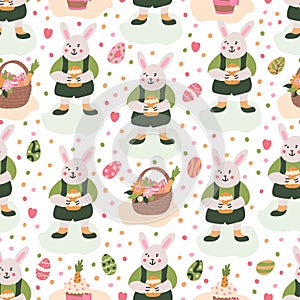 Vector spring seamless pattern with rabbit boys, Easter eggs and baskets.