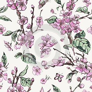 Vector spring seamless pattern, vintage floral bouquet with pink