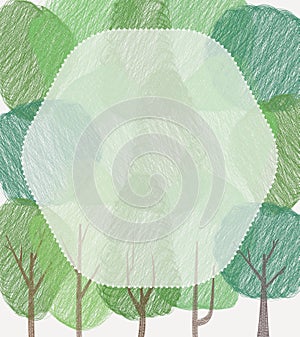 Vector spring or summer illustration background with tree forest sketch doodle style and transparent frame