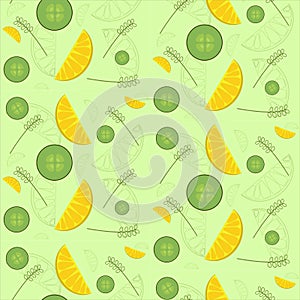 Vector spring-summer pattern with citrus slices and cucumber slices