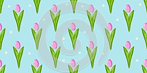 Vector spring tulips flower seamless pattern. Springtime pink tulips on blue background. Floral wallpaper, print