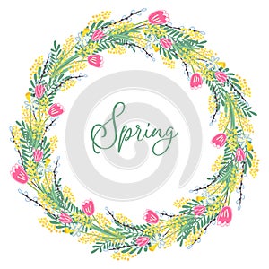 Vector spring wreath with flowers and leaves.