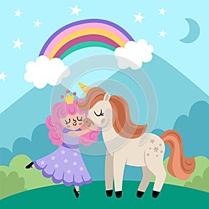 Vector square background with fairy princess hugging unicorn under stars. Magic or fantasy world scene. Fairytale landscape with