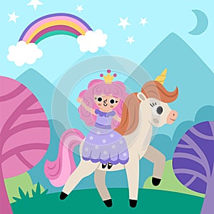 Vector square background with fairy princess riding unicorn under clouds, stars. Magic or fantasy world scene. Fairytale landscape