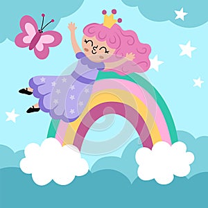 Vector square background with fairy princess sliding down the rainbow under clouds, stars. Magic or fantasy world scene. Fairytale