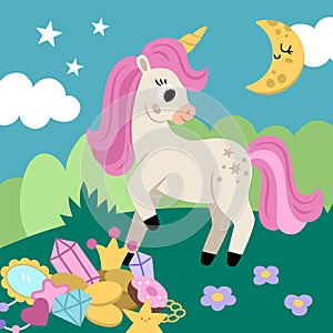 Vector square background with unicorn on green field with treasures under clouds, stars, moon. Magic or fantasy world scene.