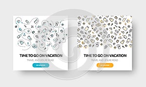 Vector square banner design on the theme of travel, weekend and summer vacation, with a pattern of linear icons.