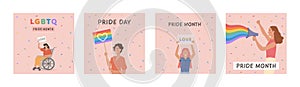 Vector Square Banner Set with LGBTQ symbols. Social media post, stories, card with LGBT people holding rainbow flag
