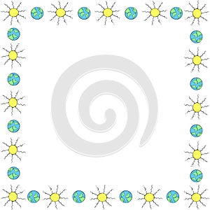 Vector square frame, border from the Earth and the Sun in doodle flat style. Bright background, decoration