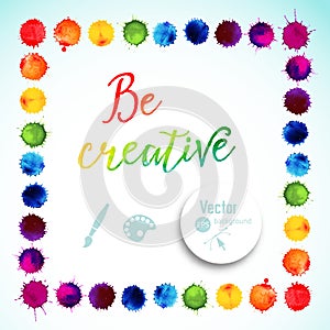 Vector square frame made of watercolor rainbow blobs, colorful paint drops texture. Vector illustration, stain of watercolors. photo