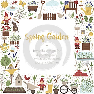 Vector square frame with springy garden tools, flowers, herbs, plants. Gardening elements banner or party invitation photo