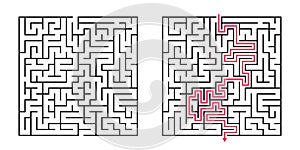 Vector Square Maze - Labyrinth with Included Solution in Black & Red. Funny & Educational Mind Game for Coordination, Solving