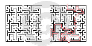 Vector Square Maze - Labyrinth with Included Solution in Black & Red. Funny & Educational Mind Game for Coordination, Solving.