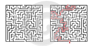 Vector Square Maze - Labyrinth with Included Solution in Black & Red. Funny & Educational Mind Game for Coordination, Solving.