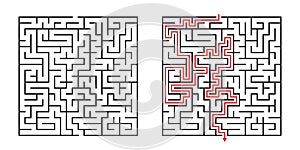 Vector Square Maze - Labyrinth with Included Solution in Black & Red. Funny & Educational Mind Game for Coordination, Solving.