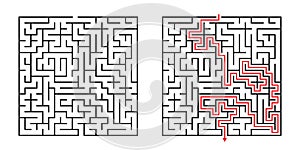 Vector Square Maze - Labyrinth with Included Solution in Black & Red. Funny & Educational Mind Game for Coordination, Solving.