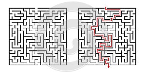 Vector Square Maze - Labyrinth with Included Solution in Black & Red. Funny & Educational Mind Game for Coordination, Solving.