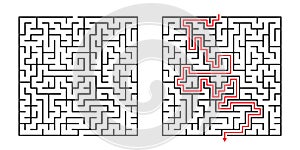 Vector Square Maze - Labyrinth with Included Solution in Black & Red. Funny & Educational Mind Game for Coordination, Solving.