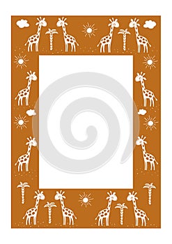 Vector square orange frame with cute cartoon white giraffe silhouettes and plants. Place for your text. Perfect for