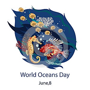 Vector square poster on World Oceans Day. A wave with a sailboat and a whale on it.