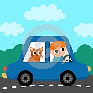 Vector square scene with boy driving a car with cat. Transportation illustration. Cute kid steering transport. Road landscape.