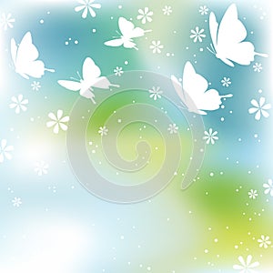 Vector Square Springtime Background Illustration With Flowers, Butterflies, And Text Space.