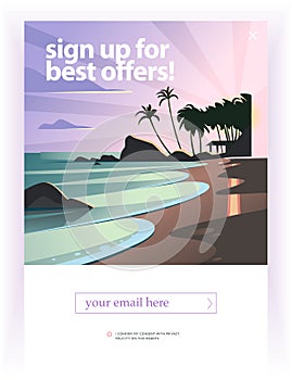 Vector squeeze page design template with beautiful flat seacoast landscape illustration and email text box.